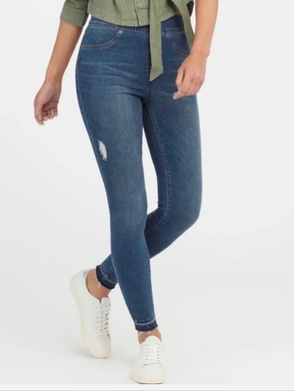 Spanx Denim Distressed Skinny Jeans Medium Wash Blue Ankle Cropped Jegging XS